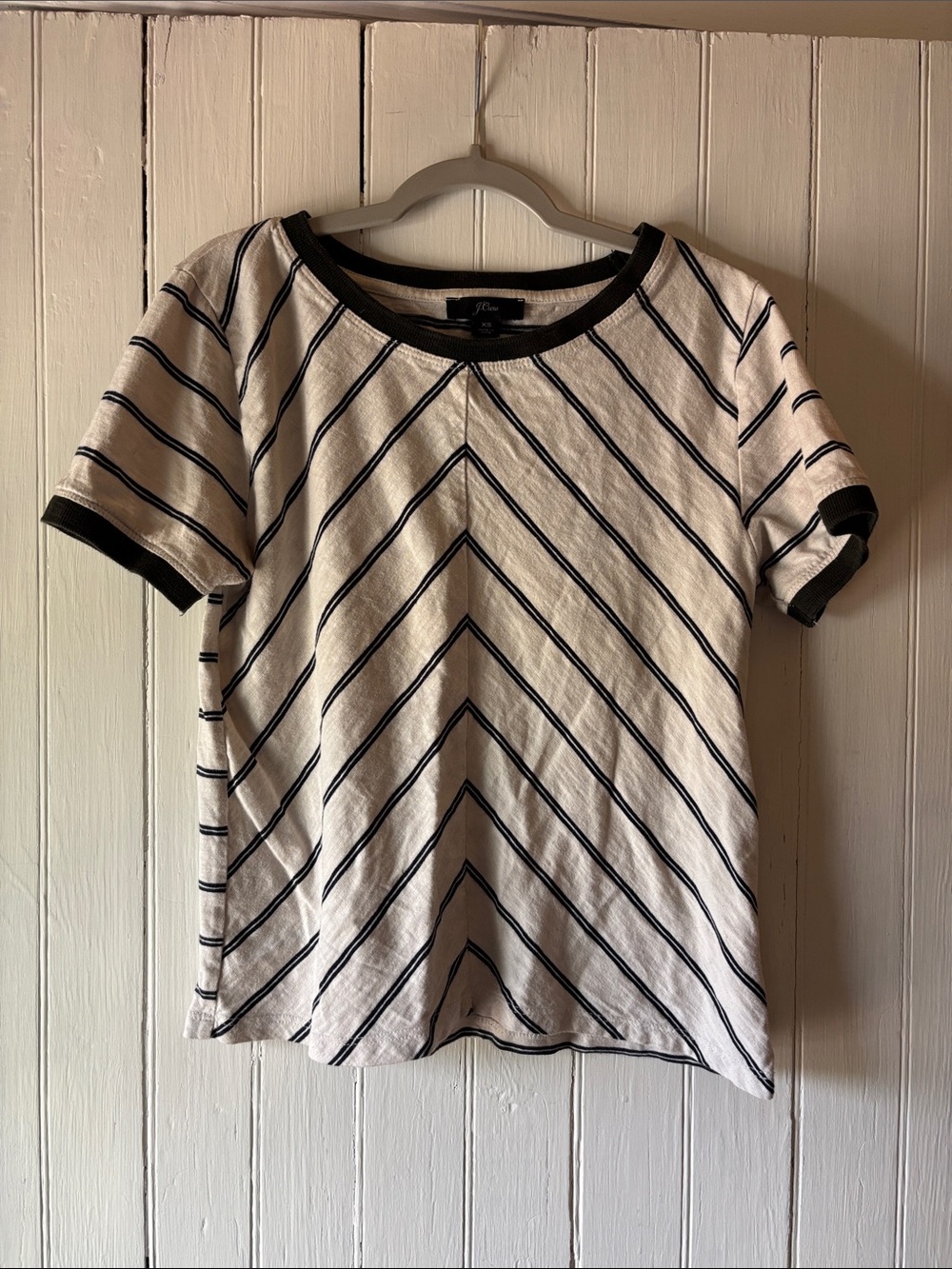 J. Crew White Short Sleeve Tee with Dark Green Chevron Stripes and Trim